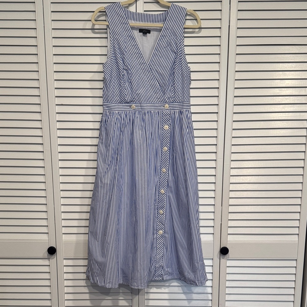 Sleeveless Blue and White Striped J Crew Wrap Midi Dress